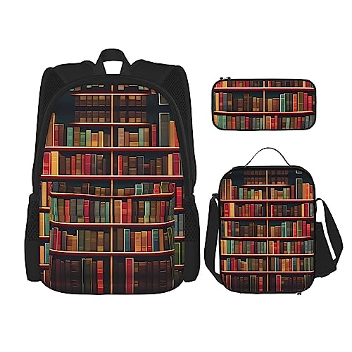 KoNsev Bedruckter Rucksack, 3-teiliges Set, für Reisen, Wandern, leicht, Laptop, Federmäppchen, isolierte Lunchtasche für Damen, Lodge, Bär, Hirsch, Bibliothek Bücherregal Buch, Einheitsgröße von KoNsev