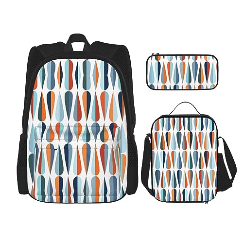 KoNsev Bedruckter Rucksack, 3-teiliges Set, für Reisen, Wandern, leicht, Laptop, Federmäppchen, isolierte Lunchtasche für Damen, Mitte des Jahrhunderts, modern, mit Tropfenformen, Mid Century Modern von KoNsev