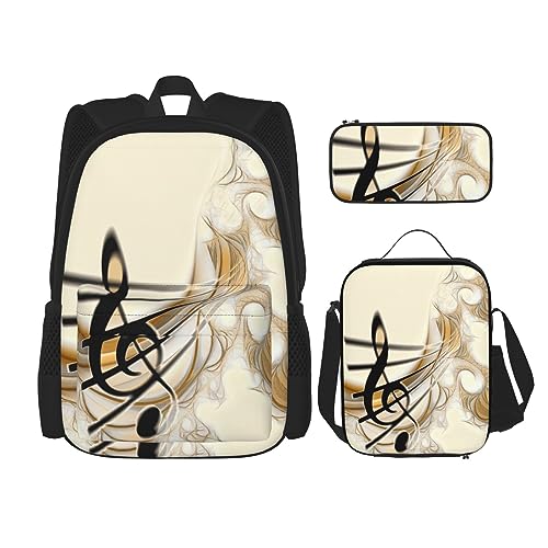 KoNsev Bedruckter Rucksack, 3-teiliges Set, für Reisen, Wandern, leicht, Laptop, Federmäppchen, isolierte Lunchtasche für Damen, Mitte des Jahrhunderts, modern, mit Tropfenformen, Musiknote, von KoNsev