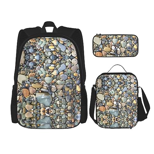 KoNsev Bedruckter Rucksack, 3-teiliges Set, für Reisen, Wandern, leicht, Laptop, Federmäppchen, isolierte Lunchtasche für Damen, Mohnblumen-Motiv, Hübsche Steine, Einheitsgröße von KoNsev