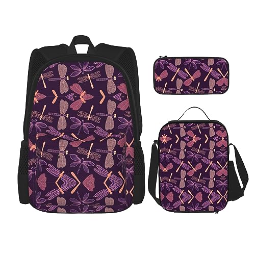 KoNsev Bedruckter Rucksack, 3-teiliges Set, für Reisen, Wandern, leicht, Laptop, Federmäppchen, isolierte Lunchtasche für Damen, Mohnblumen-Motiv, Lila Libelle, Einheitsgröße von KoNsev