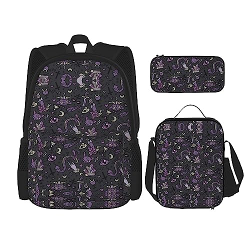 KoNsev Bedruckter Rucksack, 3-teiliges Set, für Reisen, Wandern, leicht, Laptop, Federmäppchen, isolierte Lunchtasche für Damen, Mohnblumen-Motiv, Lila Schwarz Goth Gruselig, Einheitsgröße von KoNsev