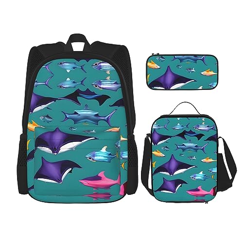 KoNsev Bedruckter Rucksack, 3-teiliges Set, für Reisen, Wandern, leicht, Laptop, Federmäppchen, isolierte Lunchtasche für Damen, Motiv: viele Füchse, Mantarochen und Fische, Einheitsgröße von KoNsev