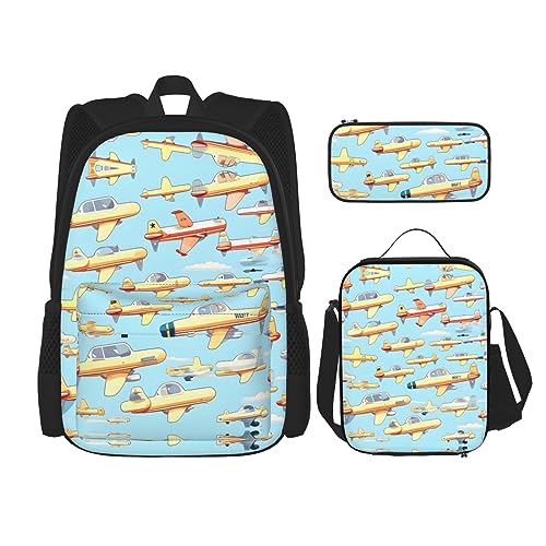 KoNsev Bedruckter Rucksack, 3-teiliges Set, für Reisen, Wandern, leicht, Laptop, Federmäppchen, isolierte Lunchtasche für Damen, Motiv: viele Füchse, Viele Cartoon kleine Flugzeuge, Einheitsgröße von KoNsev