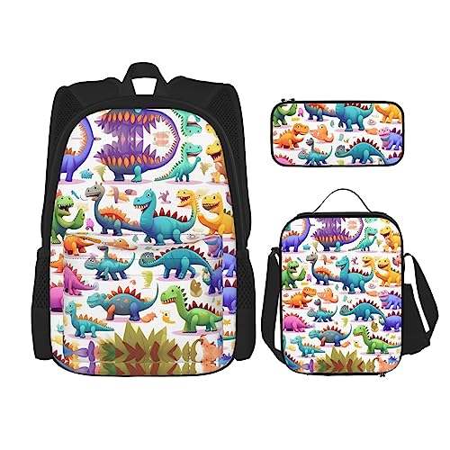 KoNsev Bedruckter Rucksack, 3-teiliges Set, für Reisen, Wandern, leicht, Laptop, Federmäppchen, isolierte Lunchtasche für Damen, Motiv: viele Füchse, Viele bunte Cartoon-Dinosaurier, Einheitsgröße von KoNsev