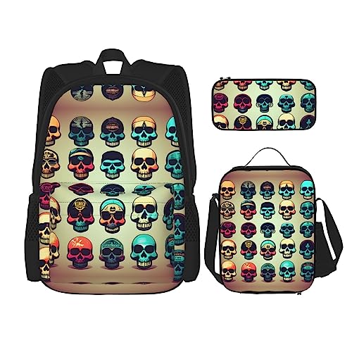 KoNsev Bedruckter Rucksack, 3-teiliges Set, für Reisen, Wandern, leicht, Laptop, Federmäppchen, isolierte Lunchtasche für Damen, Motiv: viele Füchse, Viele coole Retro-Totenkopf-Grafiken, von KoNsev