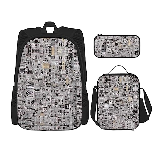 KoNsev Bedruckter Rucksack, 3-teiliges Set, für Reisen, Wandern, leicht, Laptop, Federmäppchen, isolierte Lunchtasche für Damen, Musiknoten-Druck, Zeitung, Einheitsgröße von KoNsev