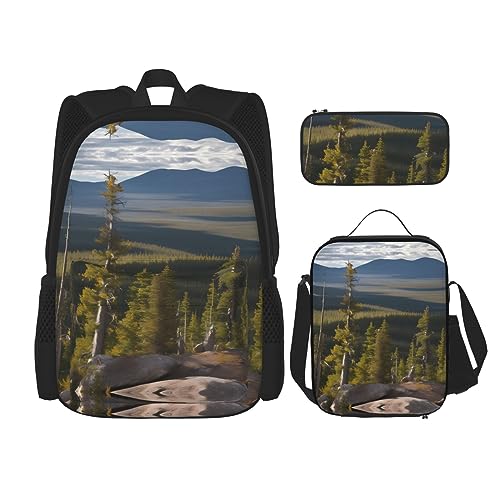 KoNsev Bedruckter Rucksack, 3-teiliges Set, für Reisen, Wandern, leicht, Laptop, Federmäppchen, isolierte Lunchtasche für Damen, Musiknotenmuster, Elch Bergkiefer, Einheitsgröße von KoNsev