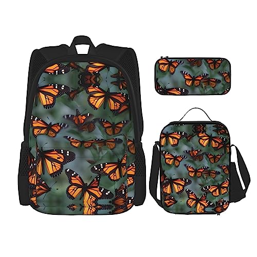 KoNsev Bedruckter Rucksack, 3-teiliges Set, für Reisen, Wandern, leicht, Laptop, Federmäppchen, isolierte Lunchtasche für Damen, Musiknotenmuster, Monarch-Schmetterlinge, Einheitsgröße von KoNsev