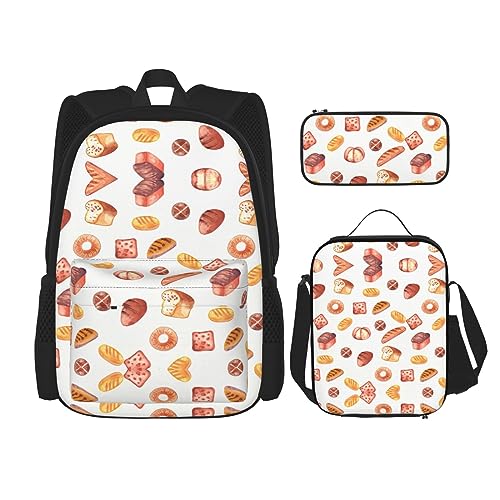 KoNsev Bedruckter Rucksack, 3-teiliges Set, für Reisen, Wandern, leicht, Laptop, Federmäppchen, isolierte Lunchtasche für Damen, Orange Rose, Bemaltes Brot, Einheitsgröße von KoNsev