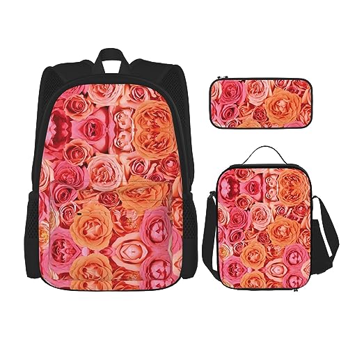 KoNsev Bedruckter Rucksack, 3-teiliges Set, für Reisen, Wandern, leicht, Laptop, Federmäppchen, isolierte Lunchtasche für Damen, Orange Rose, Orange Rose, Einheitsgröße von KoNsev