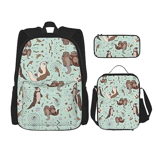 KoNsev Bedruckter Rucksack, 3-teiliges Set, für Reisen, Wandern, leicht, Laptop, Federmäppchen, isolierte Lunchtasche für Damen, Orange Rose, Otter, Einheitsgröße von KoNsev