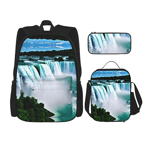 KoNsev Bedruckter Rucksack, 3-teiliges Set, für Reisen, Wandern, leicht, Laptop, Federmäppchen, isolierte Lunchtasche für Damen, Ozean, Strand, Ananas, Niagara Herbstdruck, Einheitsgröße von KoNsev