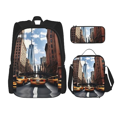 KoNsev Bedruckter Rucksack, 3-teiliges Set, für Reisen, Wandern, leicht, Laptop, Federmäppchen, isolierte Lunchtasche für Damen, Ozean, Strand, Ananas, new york, Einheitsgröße von KoNsev