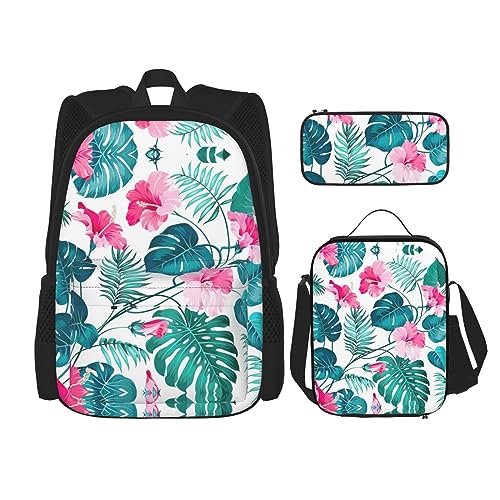 KoNsev Bedruckter Rucksack, 3-teiliges Set, für Reisen, Wandern, leicht, Laptop, Federmäppchen, isolierte Lunchtasche für Damen, Palmenblatt, Palmenblatt, Einheitsgröße von KoNsev