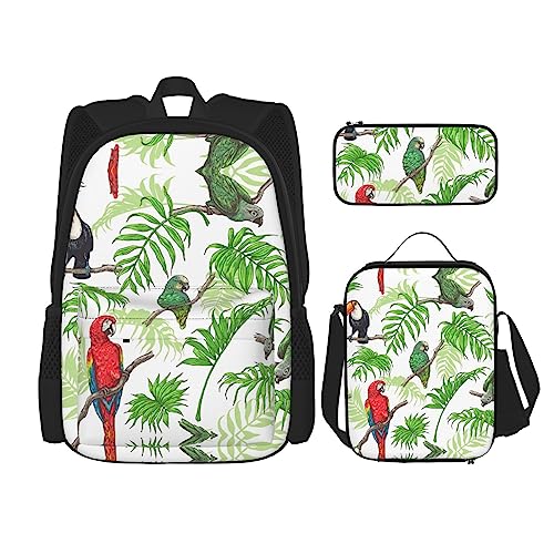 KoNsev Bedruckter Rucksack, 3-teiliges Set, für Reisen, Wandern, leicht, Laptop, Federmäppchen, isolierte Lunchtasche für Damen, Palmenblatt, Papageienvögel und tropischer Baum, Einheitsgröße von KoNsev