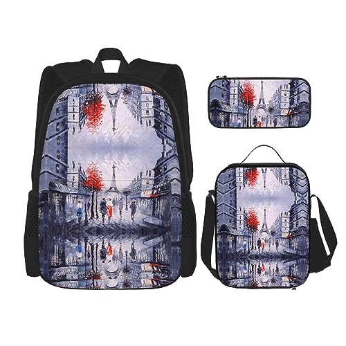 KoNsev Bedruckter Rucksack, 3-teiliges Set, für Reisen, Wandern, leicht, Laptop, Federmäppchen, isolierte Lunchtasche für Damen, Palmenblatt, Paris City Tree Eiffelturm Art, Einheitsgröße von KoNsev