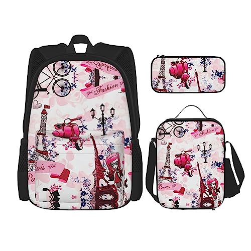 KoNsev Bedruckter Rucksack, 3-teiliges Set, für Reisen, Wandern, leicht, Laptop, Federmäppchen, isolierte Lunchtasche für Damen, Palmenblatt, Paris Eiffelturm Frankreich, Einheitsgröße von KoNsev