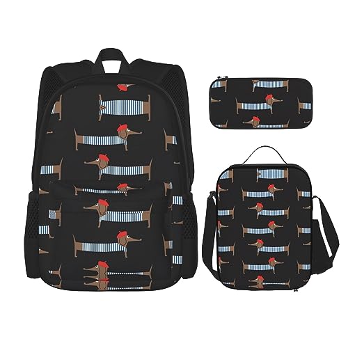 KoNsev Bedruckter Rucksack, 3-teiliges Set, für Reisen, Wandern, leicht, Laptop, Federmäppchen, isolierte Lunchtasche für Damen, Palmenblatt, Pariser Dackel, Einheitsgröße von KoNsev