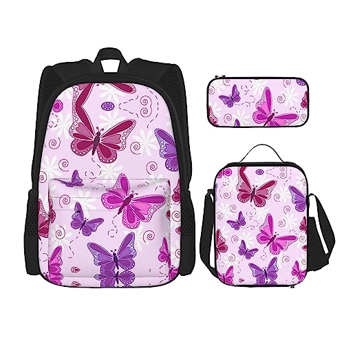 KoNsev Bedruckter Rucksack, 3-teiliges Set, für Reisen, Wandern, leicht, Laptop, Federmäppchen, isolierte Lunchtasche für Damen, Pfotenabdruck, rosa Schmetterling (Pink Butterfly), Einheitsgröße von KoNsev