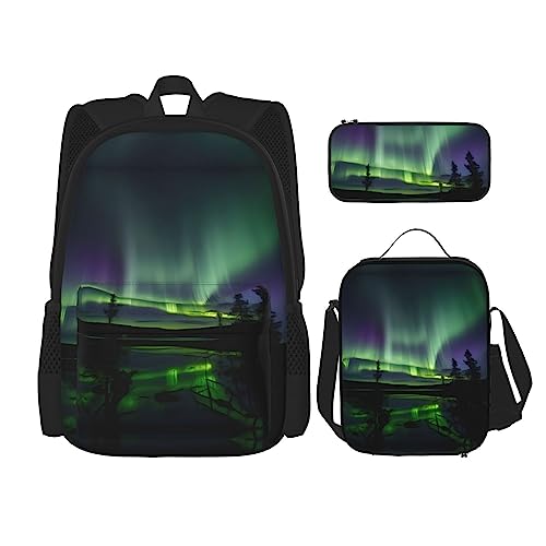 KoNsev Bedruckter Rucksack, 3-teiliges Set, für Reisen, Wandern, leicht, Laptop, Federmäppchen, isolierte Lunchtasche für Damen, Quallenmuster, Dunkle Nordlichter, Einheitsgröße von KoNsev