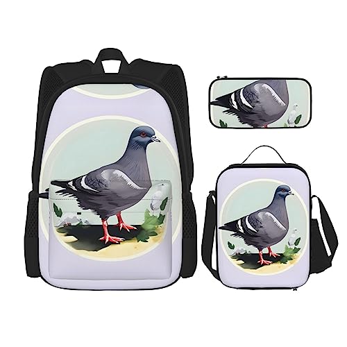 KoNsev Bedruckter Rucksack, 3-teiliges Set, für Reisen, Wandern, leicht, Laptop, Federmäppchen, isolierte Lunchtasche für Damen, Quallenmuster, Grauer Taubenaufdruck, Einheitsgröße von KoNsev