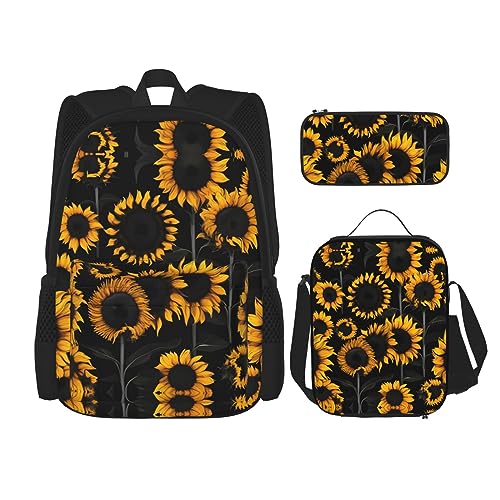 KoNsev Bedruckter Rucksack, 3-teiliges Set, für Reisen, Wandern, leicht, Laptop, Federmäppchen, isolierte Lunchtasche für Damen, Sonnenaufgang, tropische Palmeninsel, Sonnenblume Blühende Blumen von KoNsev