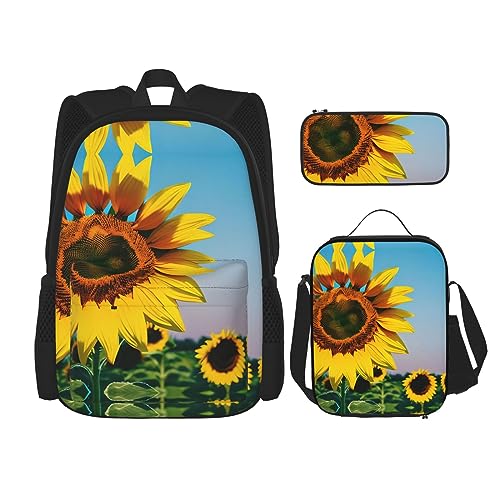 KoNsev Bedruckter Rucksack, 3-teiliges Set, für Reisen, Wandern, leicht, Laptop, Federmäppchen, isolierte Lunchtasche für Damen, Sonnenaufgang, tropische Palmeninsel, Sonnenblumen Blumen, von KoNsev