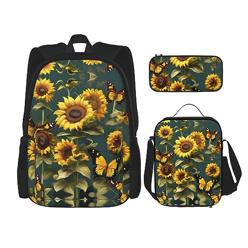 KoNsev Bedruckter Rucksack, 3-teiliges Set, für Reisen, Wandern, leicht, Laptop, Federmäppchen, isolierte Lunchtasche für Damen, Sonnenaufgang, tropische Palmeninsel, Sonnenblumen-Schmetterlinge, von KoNsev