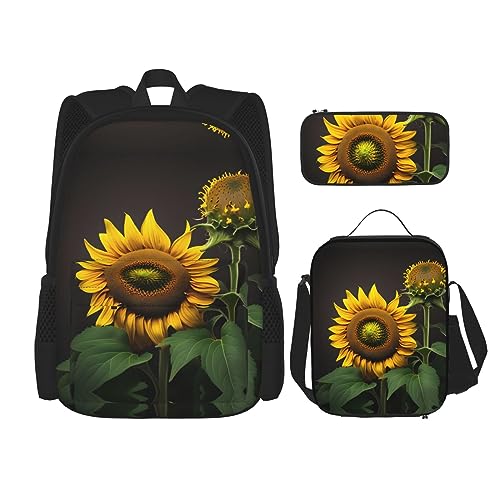 KoNsev Bedruckter Rucksack, 3-teiliges Set, für Reisen, Wandern, leicht, Laptop, Federmäppchen, isolierte Lunchtasche für Damen, Sonnenaufgang, tropische Palmeninsel, Sonnenblumen im Unkraut, von KoNsev