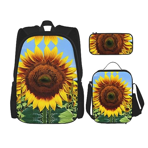 KoNsev Bedruckter Rucksack, 3-teiliges Set, für Reisen, Wandern, leicht, Laptop, Federmäppchen, isolierte Lunchtasche für Damen, Sonnenaufgang, tropische Palmeninsel, Sonnenblumenmuster, Einheitsgröße von KoNsev