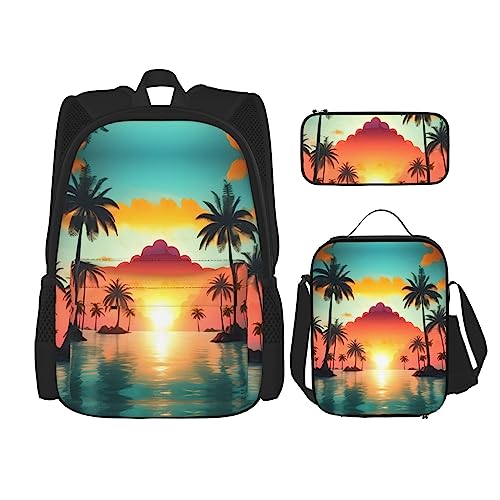 KoNsev Bedruckter Rucksack, 3-teiliges Set, für Reisen, Wandern, leicht, Laptop, Federmäppchen, isolierte Lunchtasche für Damen, Sonnenaufgang, tropische Palmeninsel, Sunrise Tropical Palmeninsel, von KoNsev