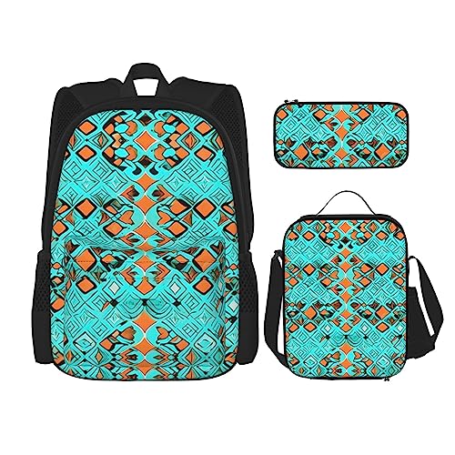 KoNsev Bedruckter Rucksack, 3-teiliges Set, für Reisen, Wandern, leicht, Laptop, Federmäppchen, isolierte Lunchtasche für Damen, Valentinstag, Türkis Wunder, Einheitsgröße von KoNsev