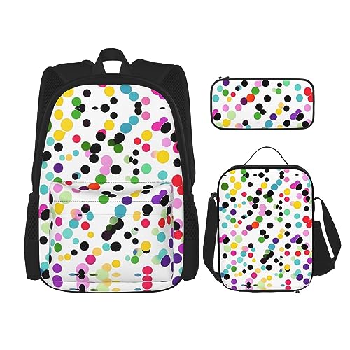 KoNsev Bedruckter Rucksack, 3-teiliges Set, für Reisen, Wandern, leicht, Laptop, Federmäppchen, isolierte Lunchtasche für Damen, Valentinstag, Twister Polka Dots, Einheitsgröße von KoNsev