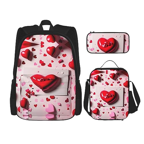 KoNsev Bedruckter Rucksack, 3-teiliges Set, für Reisen, Wandern, leicht, Laptop, Federmäppchen, isolierte Lunchtasche für Damen, Valentinstag, Valentinstag, Einheitsgröße von KoNsev