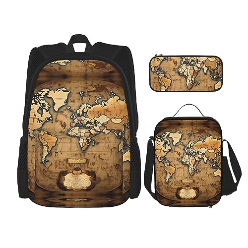 KoNsev Bedruckter Rucksack, 3-teiliges Set, für Reisen, Wandern, leicht, Laptop, Federmäppchen, isolierte Lunchtasche für Damen, alter Traktor, Fotobauernhof, Alte gebeizte Weltkarte, Einheitsgröße von KoNsev