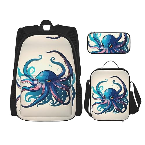 KoNsev Bedruckter Rucksack, 3-teiliges Set, für Reisen, Wandern, leicht, Laptop, Federmäppchen, isolierte Lunchtasche für Damen, coole Retro-Totenkopf-Grafiken, Blauer und violetter Oktopus, von KoNsev