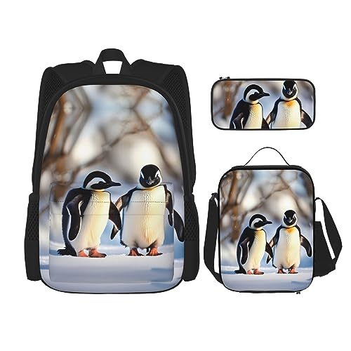 KoNsev Bedruckter Rucksack, 3-teiliges Set, für Reisen, Wandern, leicht, Laptop, Federmäppchen, isolierte Lunchtasche für Damen, coole Retro-Totenkopf-Grafiken, Junge Pinguine mit Schnee, von KoNsev