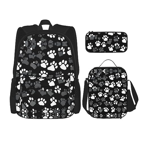 KoNsev Bedruckter Rucksack, 3-teiliges Set, für Reisen, Wandern, leicht, Laptop, Federmäppchen, isolierte Lunchtasche für Damen, coole Retro-Totenkopf-Grafiken, Schwarz-weißer Pfotenabdruck, von KoNsev