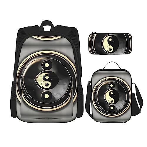 KoNsev Bedruckter Rucksack, 3-teiliges Set, für Reisen, Wandern, leicht, Laptop, Federmäppchen, isolierte Lunchtasche für Damen, coole Retro-Totenkopf-Grafiken, Yin Yang Muster, Einheitsgröße von KoNsev