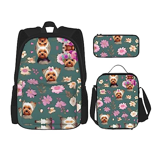 KoNsev Bedruckter Rucksack, 3-teiliges Set, für Reisen, Wandern, leicht, Laptop, Federmäppchen, isolierte Lunchtasche für Damen, coole Retro-Totenkopf-Grafiken, Yorkie-Blumenmuster, Einheitsgröße von KoNsev