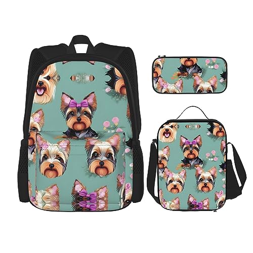 KoNsev Bedruckter Rucksack, 3-teiliges Set, für Reisen, Wandern, leicht, Laptop, Federmäppchen, isolierte Lunchtasche für Damen, coole Retro-Totenkopf-Grafiken, Yorkie Floral, Einheitsgröße von KoNsev