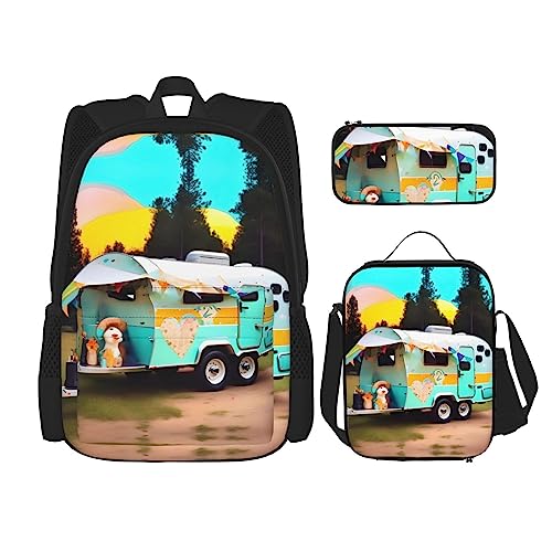 KoNsev Bedruckter Rucksack, 3-teiliges Set, für Reisen, Wandern, leicht, Laptop, Federmäppchen, isolierte Lunchtasche für Damen, coole Retro-Totenkopf-Grafiken, You Make Me Happy Camper, Einheitsgröße von KoNsev