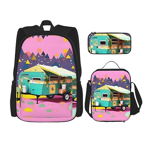 KoNsev Bedruckter Rucksack, 3-teiliges Set, für Reisen, Wandern, leicht, Laptop, Federmäppchen, isolierte Lunchtasche für Damen, coole Retro-Totenkopf-Grafiken, You Make Me Happy Camper Anhänger, von KoNsev