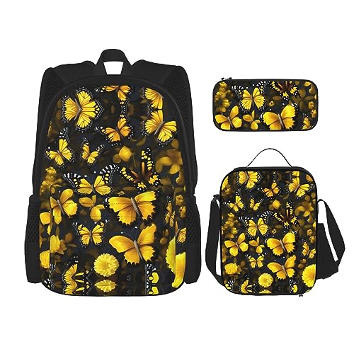 KoNsev Bedruckter Rucksack, 3-teiliges Set, für Reisen, Wandern, leicht, Laptop, Federmäppchen, isolierte Lunchtasche für Damen, gelb-graue Blume, Gelbe Blumen und Schmetterlinge, Einheitsgröße von KoNsev