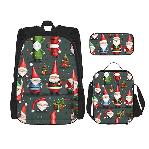 KoNsev Bedruckter Rucksack, 3-teiliges Set, für Reisen, Wandern, leicht, Laptop, Federmäppchen, isolierte Lunchtasche für Damen, gelb-graue Blume, Lustige Weihnachtswichtel, Einheitsgröße von KoNsev