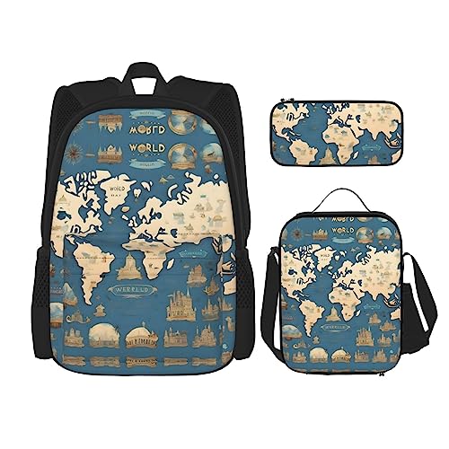 KoNsev Bedruckter Rucksack, 3-teiliges Set, für Reisen, Wandern, leicht, Laptop, Federmäppchen, isolierte Lunchtasche für Damen, gelb-graue Blume, Weltkarte, Einheitsgröße von KoNsev