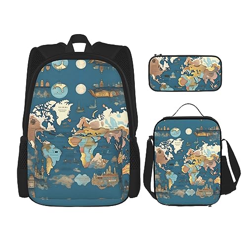 KoNsev Bedruckter Rucksack, 3-teiliges Set, für Reisen, Wandern, leicht, Laptop, Federmäppchen, isolierte Lunchtasche für Damen, gelb-graue Blume, Weltkarten-Muster, Einheitsgröße von KoNsev