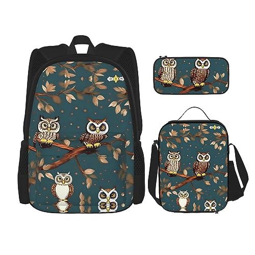 KoNsev Bedruckter Rucksack, 3-teiliges Set, für Reisen, Wandern, leicht, Laptop, Federmäppchen, isolierte Lunchtasche für Damen, magische Owels, Magische Owels, Einheitsgröße von KoNsev