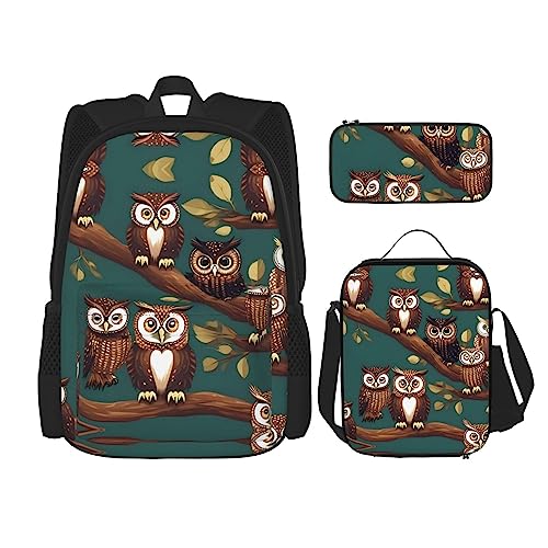 KoNsev Bedruckter Rucksack, 3-teiliges Set, für Reisen, Wandern, leicht, Laptop, Federmäppchen, isolierte Lunchtasche für Damen, magische Owels, Magisches Owel, Einheitsgröße von KoNsev